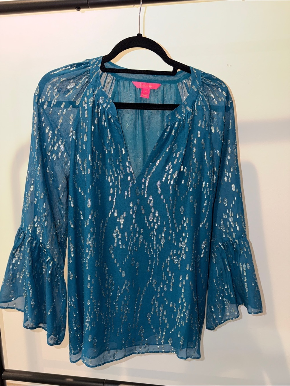 Lilly Pulitzer Teal Blouse with Gold Metallic Print
